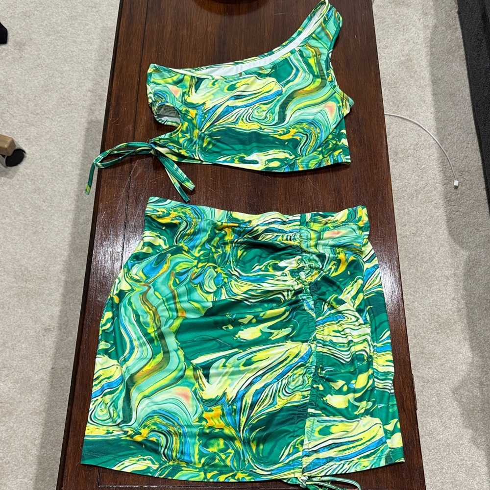 SHEIN Green Marble Print One-Shoulder Crop Top & Skirt Set NWOT